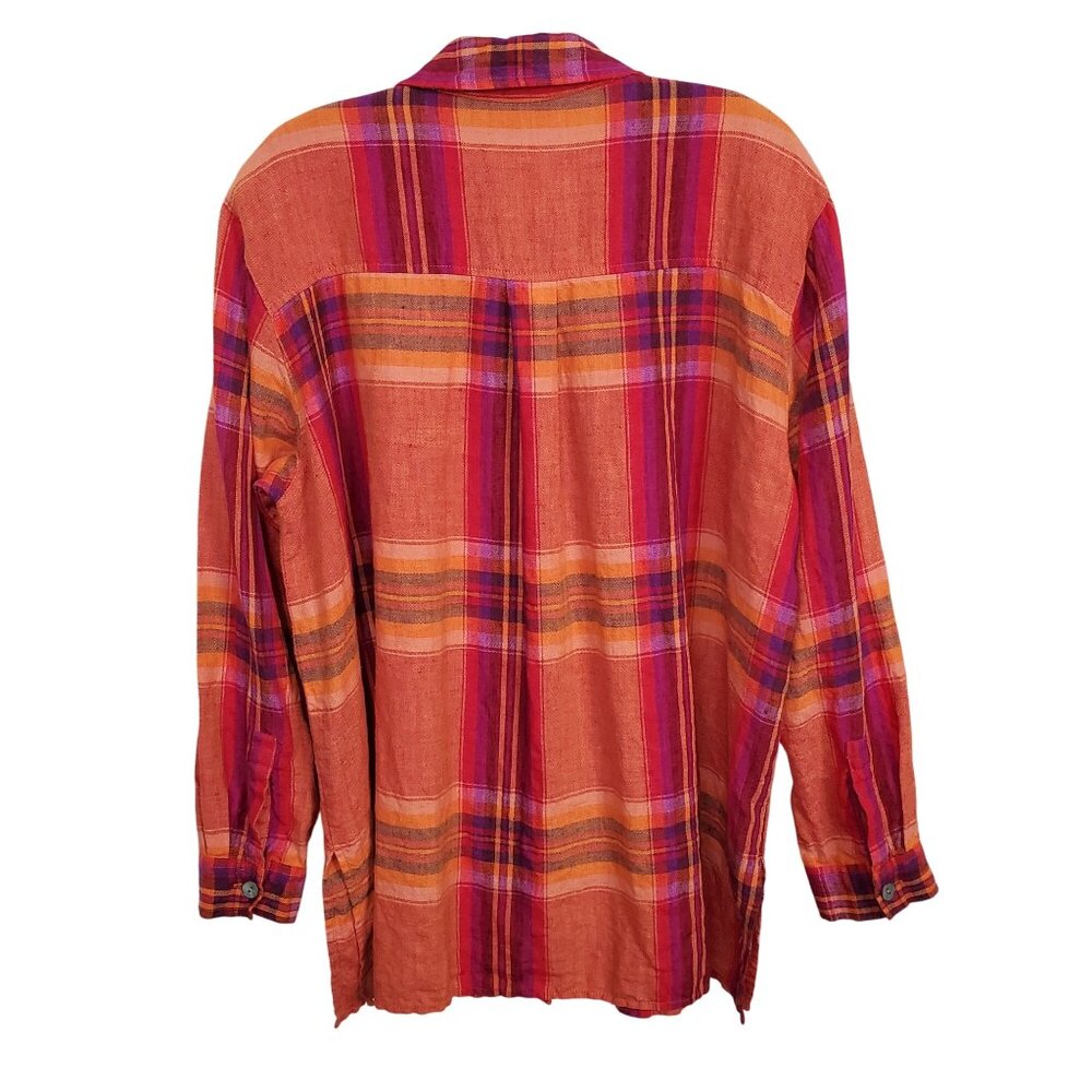 Chicos Design 3 Size XL Shirt Abalone Shell Button Plaid 100% Linen Relaxed Boho - Picture 3 of 11